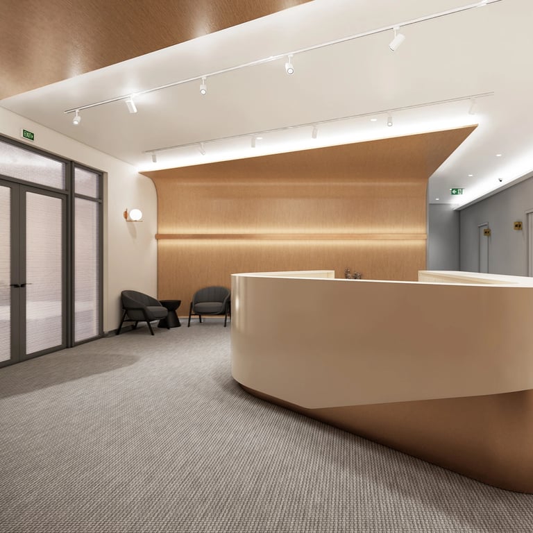 A sculptural stone and metal reception desk serves as the clinic's centerpiece, combining warmth and contemporary elegance