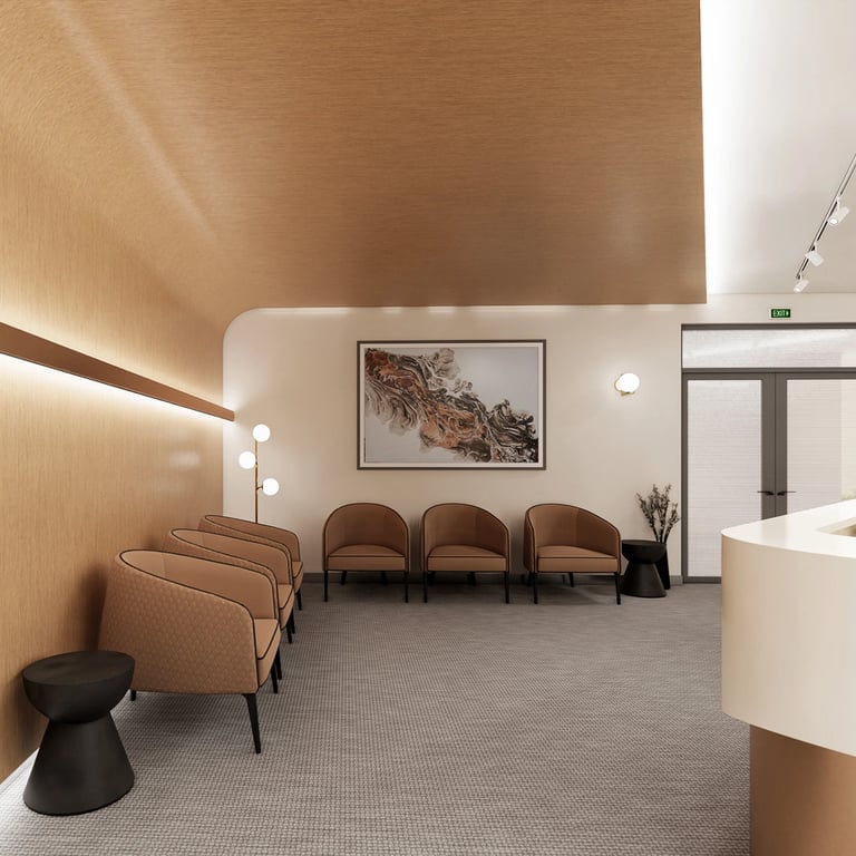 A sweeping curved wall with integrated LED cove lighting guides patients toward the reception area, blending organic flow