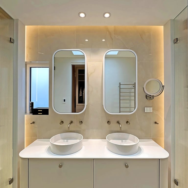 Modern Mosman ensuite with skylight, brushed nickel fixtures, and spa-liked bathtub