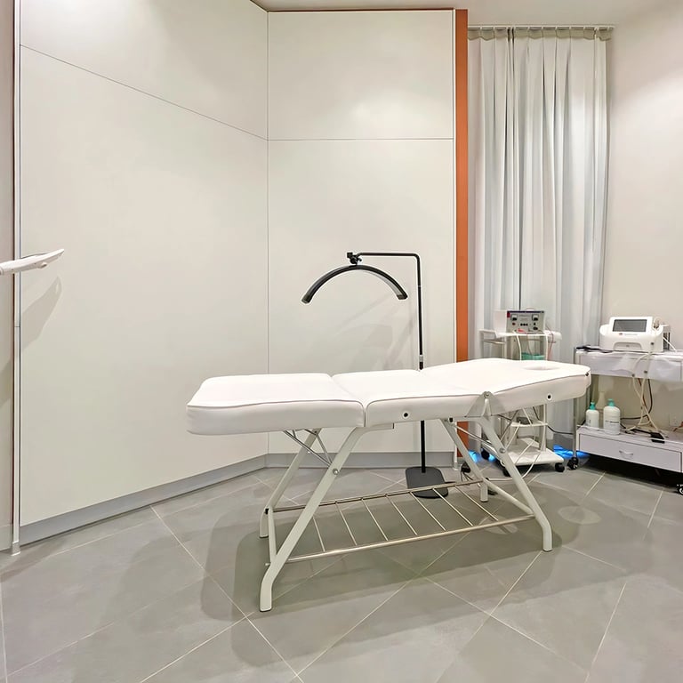 Laser treatment room with ergonomic bed and white walls