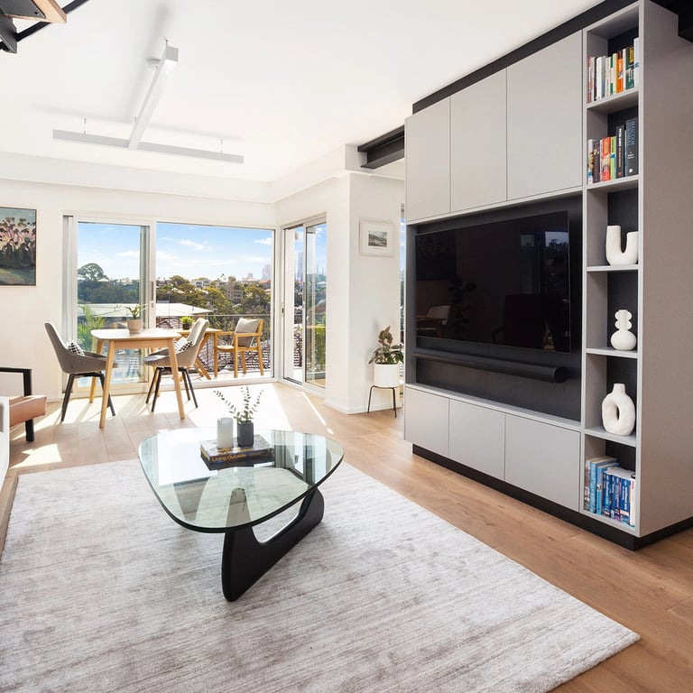 Modern TV room with latest in trend furniture, carpet and timber elements
