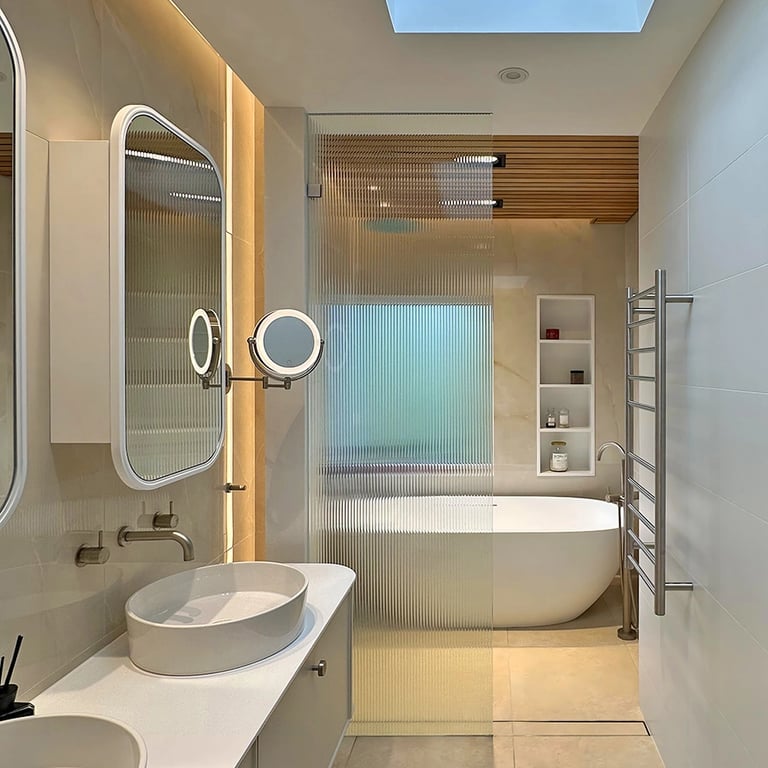 Space saving fluted glass divider in Mosman bathroom renovation, separating shower from vanity zone