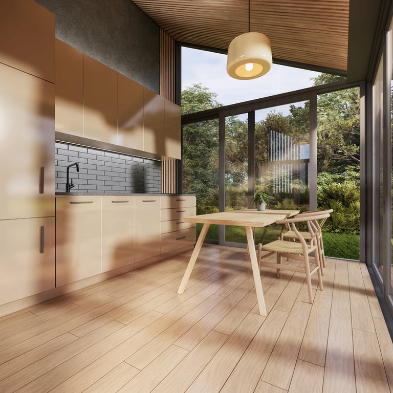 Functional yet stylish kitchen with hidden storage, clean lines, and a dining nook bathed in natural light
