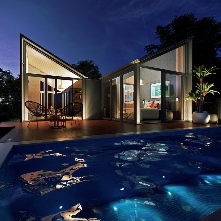 Prefabricated mid-century modern A-frame house nestled in the Southern Highlands woodland, featuring cladding and glazing