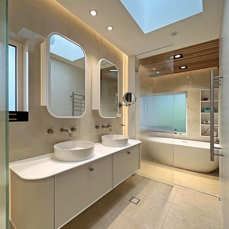High-end family bathroom in Mosman featuring oversized window, underflooe heating and brushed nickel hardware
