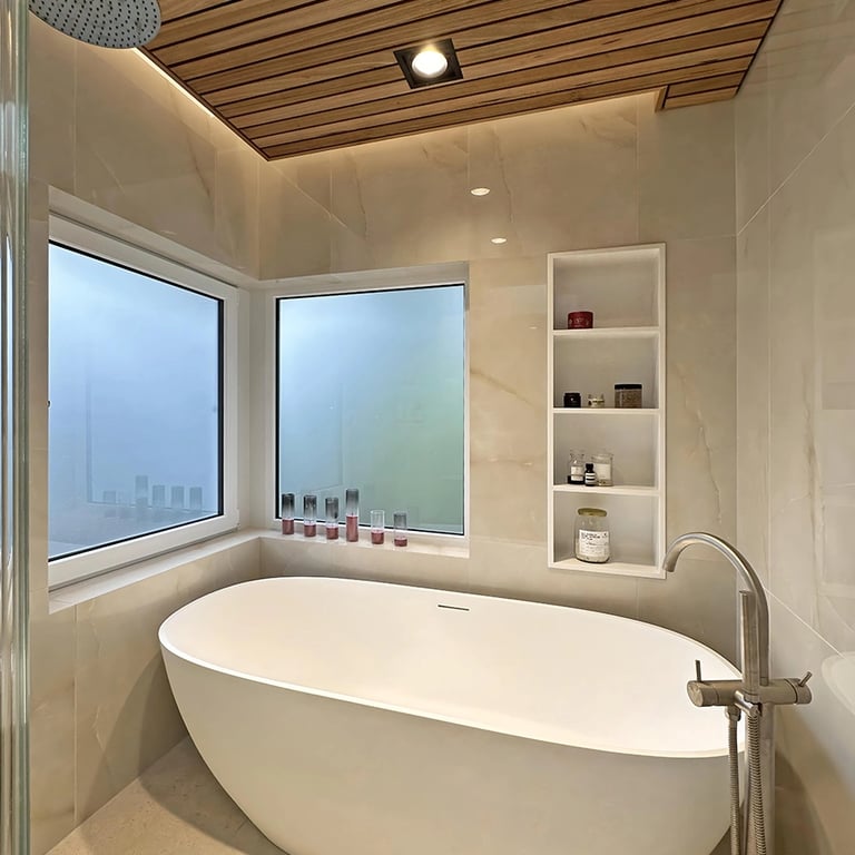 Coastal-inspired master bathroom with dual vanity, rain shower, and heated tiles in Mosman heritage home