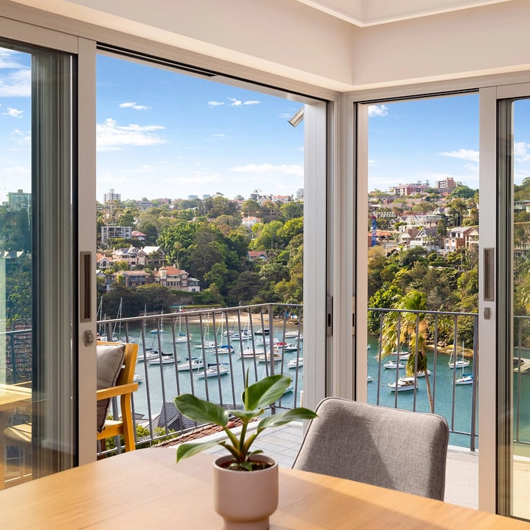 View from a dining table onto Mosman Bay at the newly renovated architects house