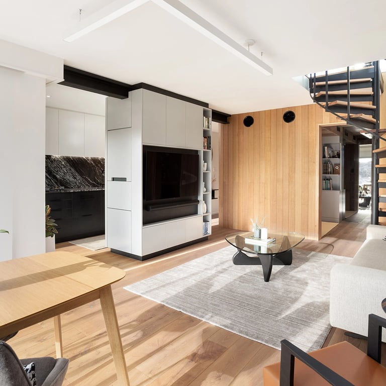 contemporary design of the renovated living room in Mosman Bay with central TV joinery cabinet and timber features