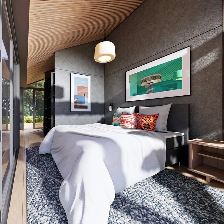 Bedroom retreat with curated forest views, sustainable timber joinery and warm textiles, creating a serene off-grid sanctuary