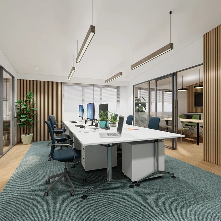 Open plan office with timber cladding and centrally located ergonomic office furniture
