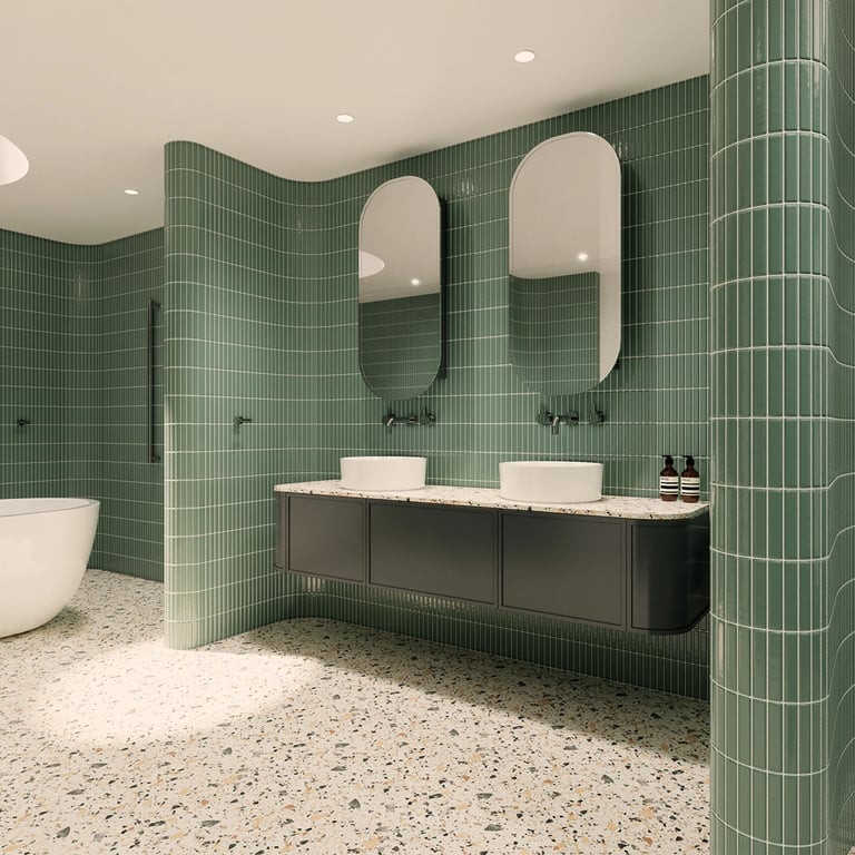 Curved double vanity with arched mirrors and a seamless stone countertop, lit by LED glow