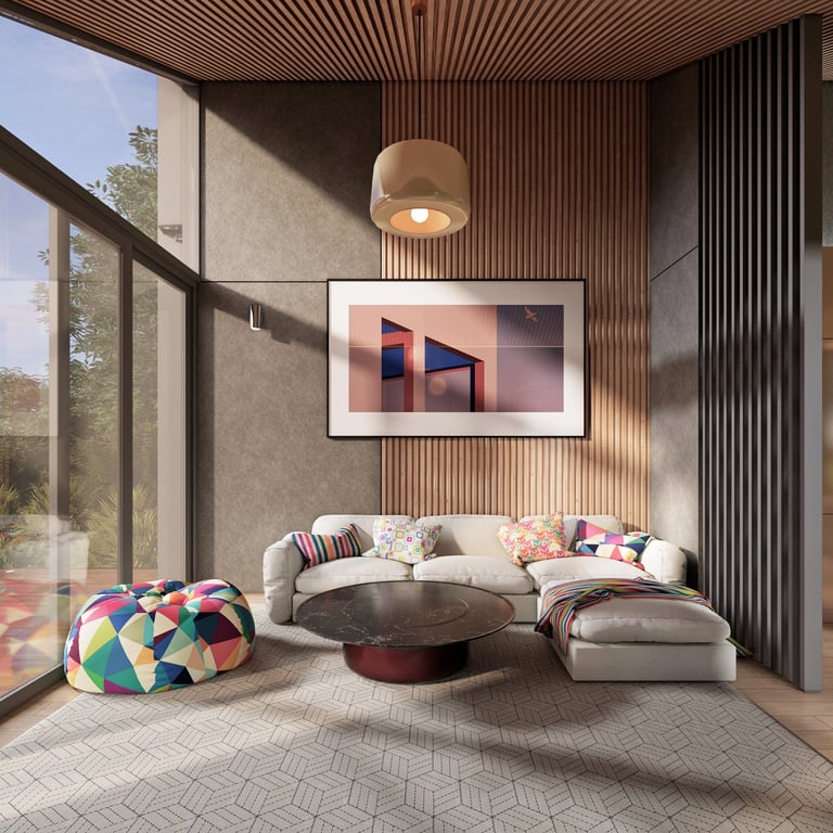Open-plan living space with floor-to-ceiling windows framing forest views, custom timber wall cladding, wall acoustic panels