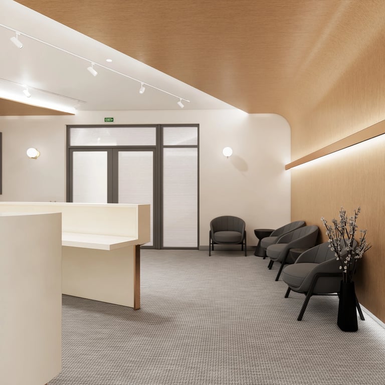 A sleek hallway with curved transition, LED cove lighting, and a seamless blend of timber, metal and stone finishes