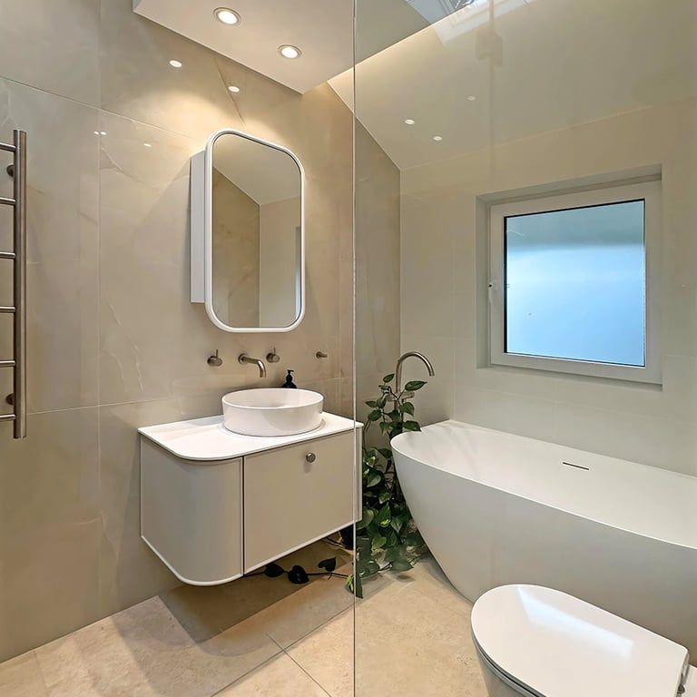 smart home-integrated Mosman bathroom with automated underfloor heating, lighting and silent exhaust fan