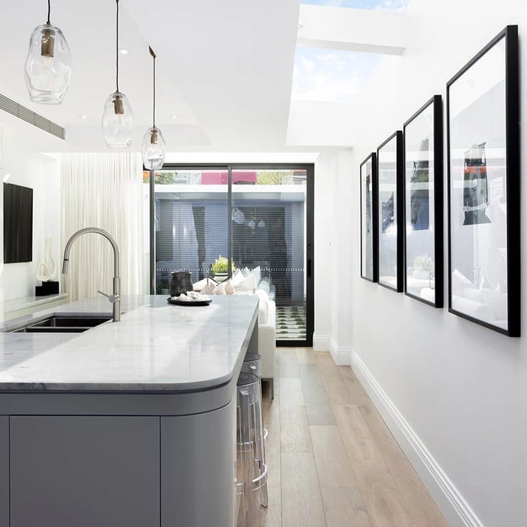 Open-plan kitchen in Surry Hills, featuring sustainable materialsand a connection to the dining area