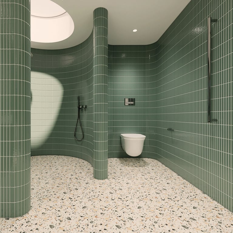 A curved toilet nook with ribbed glass walls and pivoting door for discreet, sculptural privacy