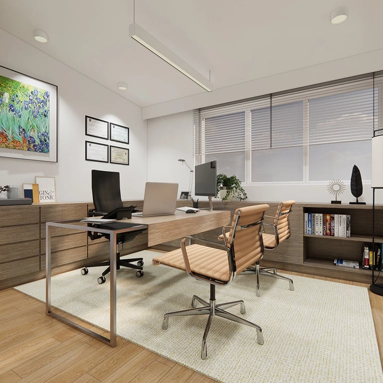 A modern office in Marrickville with oak flooring, approved CDC and leather furniture