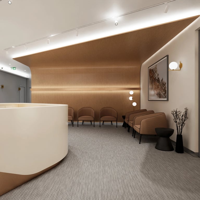 A welcoming lounge-style waiting area with timber wall and ceiling cladding, ergonomic designer seating, soft LED lighting