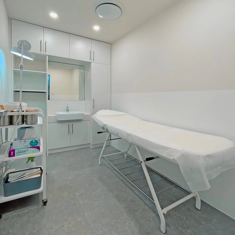Sleek treatment room with polished terrazzo base, custom joinery with basin, wall paneling 