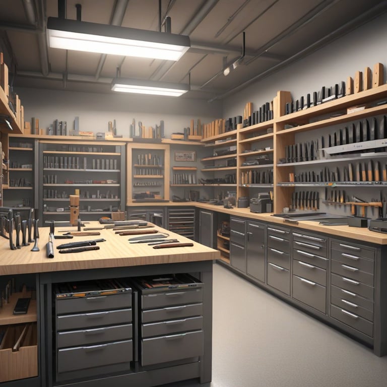 Knife-making supplies, including blades, handles, and tools, displayed in a professional workshop setting