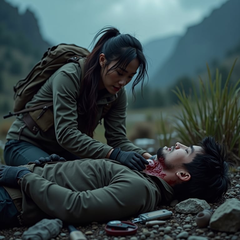 Asian woman healing white male on battlefield