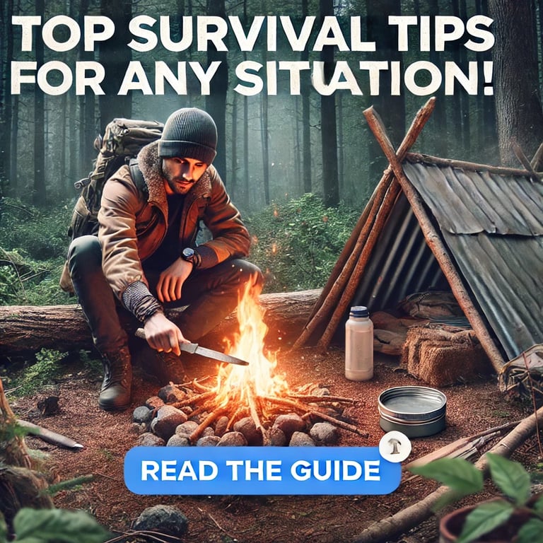 Person building a survival shelter in a dense forest with a campfire and survival kit