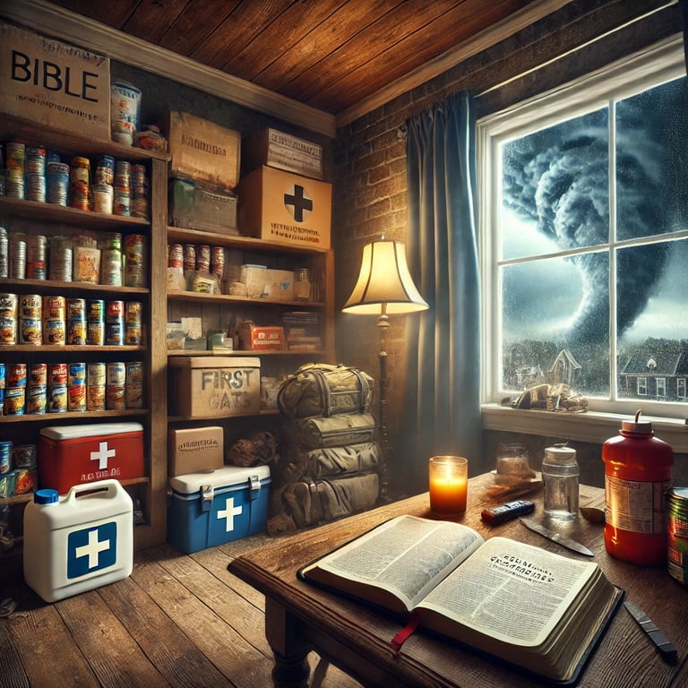 A Christian prepper's home, stocked with emergency supplies, a Bible on the table, and dark clouds outside symbolizing impend