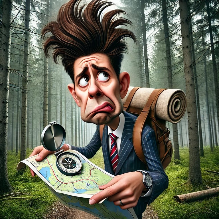 Caricature of a businessman lost in the forest, holding an upside-down map with an exaggerated hairstyle and a confused look.