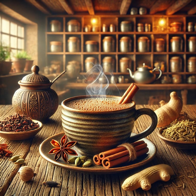 Steaming cup of masala chai surrounded by spices on a rustic wooden table.