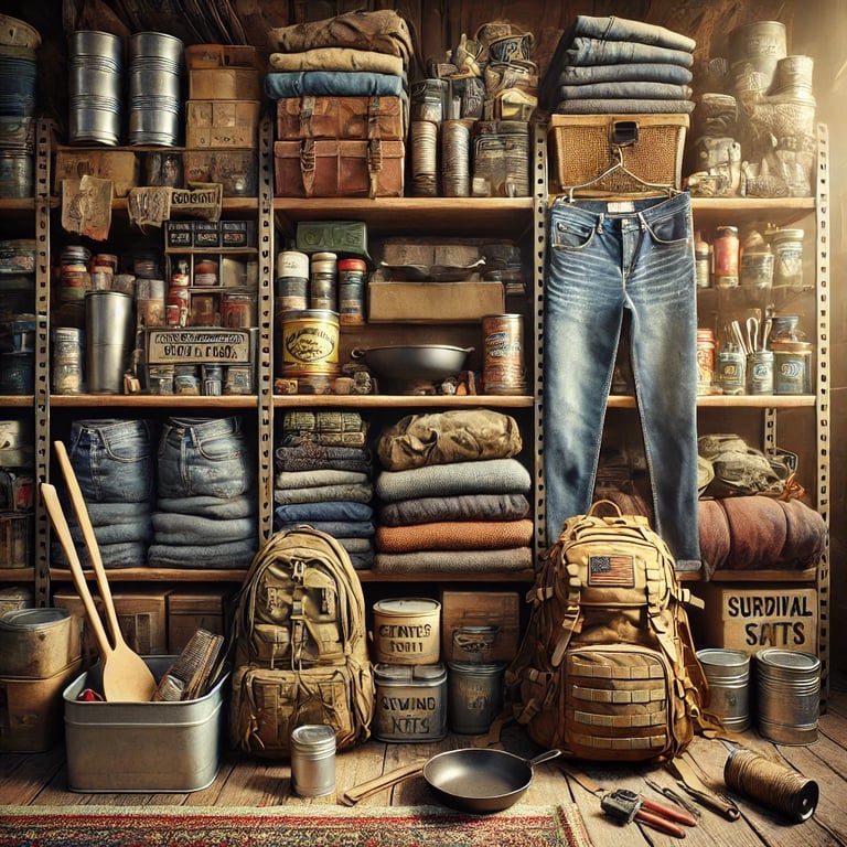 Goodwill thrift store aisle with essential prepper items like jeans, cast iron cookware, blankets, and tools