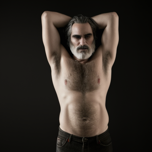 AI generated image of actor Joaquin Phoenix as an overweight, shirtless character with a long grey beard