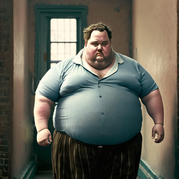 AI generated image of an obese man in a green shirt and striped trousers walking down a narrow hallway