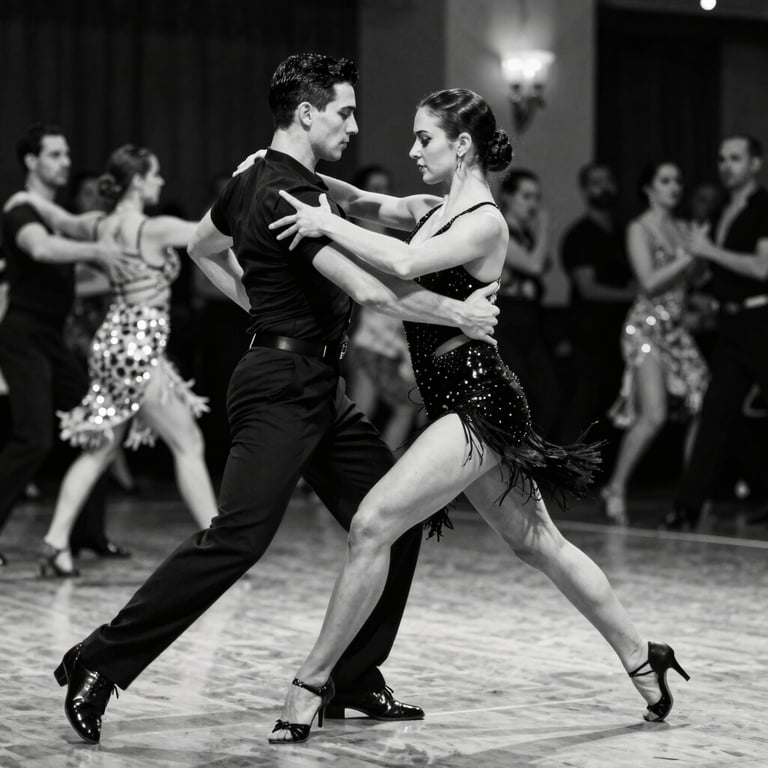A lively group of diverse students dancing salsa together in a bright studio.