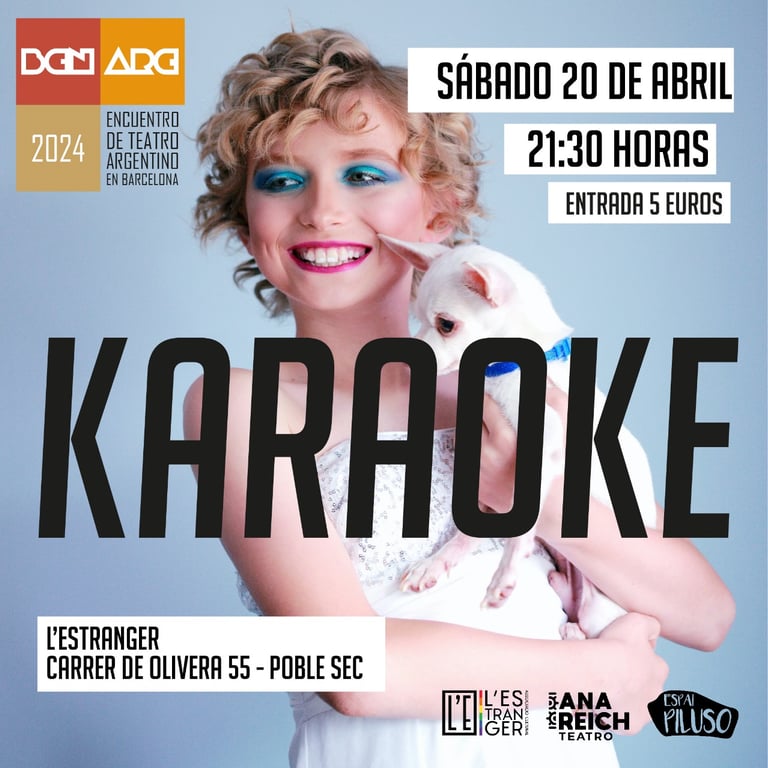 Flyer del karaoke del encuentro de teatro argentino con una chica y un perrito encima