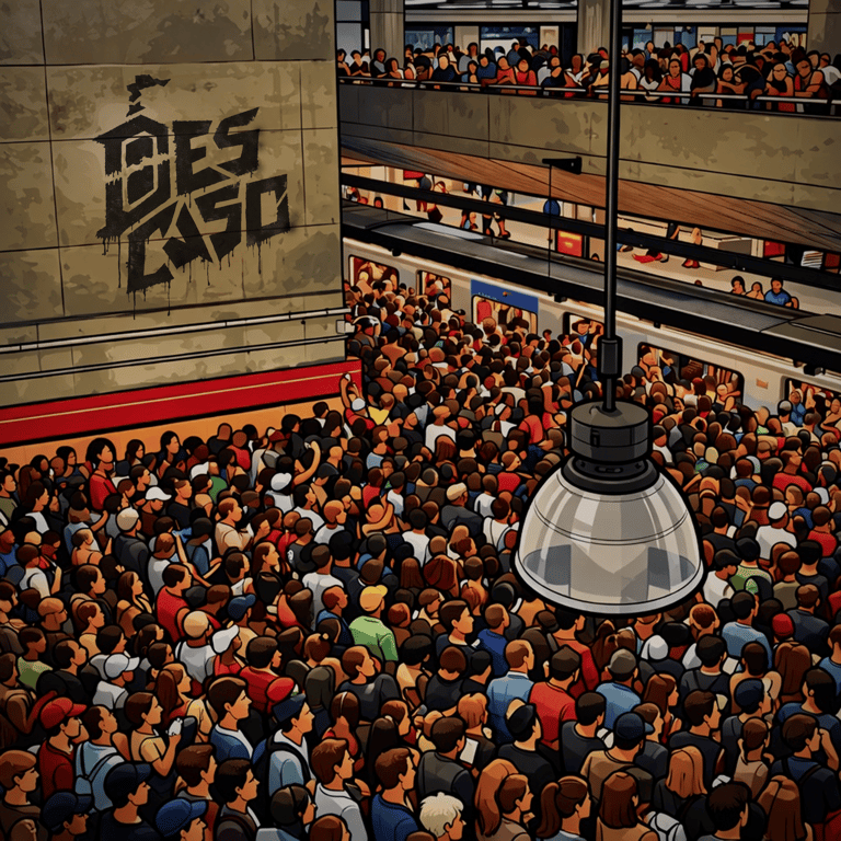 Crowded subway station illustration with commuters, a graffiti wall, and public transit trains.