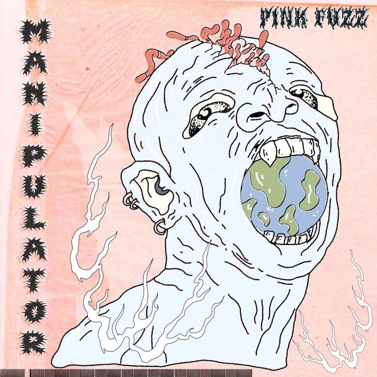 Album art for Pink Fuzz Manipulator featuring a surreal illustration of a head swallowing planet Earth.