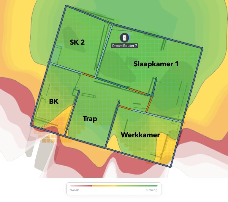 Wifi dekkingskaart van 5ghz Wifi 6 op bovenverdieping van een huis met Dream Router 7