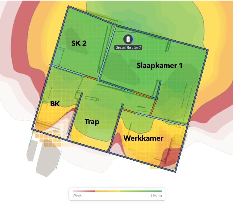 Wifi 7 6ghz dekkingskaart van bovenverdieping van een appartement met UDR7