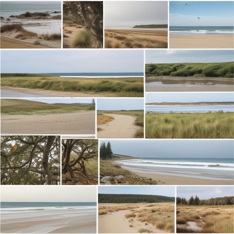 A serene forest path with a person walking contemplatively surrounded by soft coastal colors