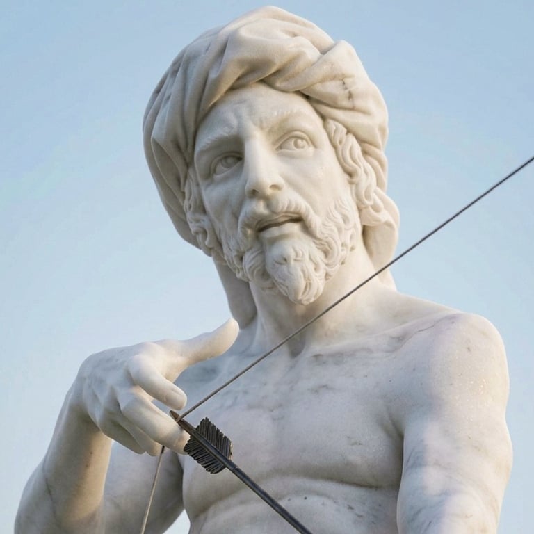 White marble statue of a Muslim archer with a traditional bow and arrow in a challenging stance