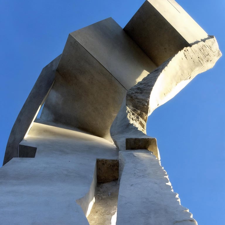  brutalist white marble sculpture with geometric shapes against a clear blue sky.