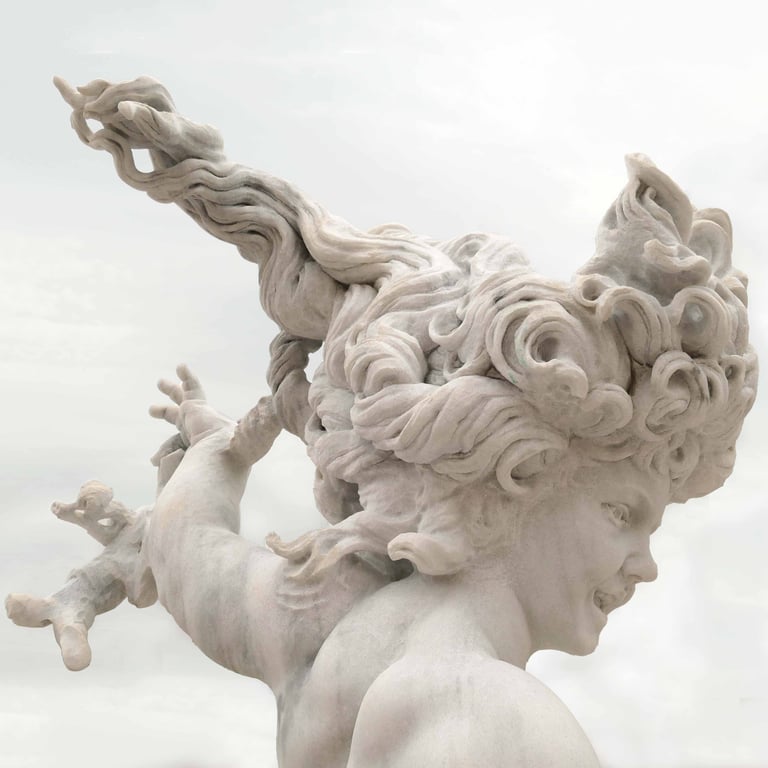 Escultura de mármol blanco. Un niño y una niña mantienen un juego de poder.