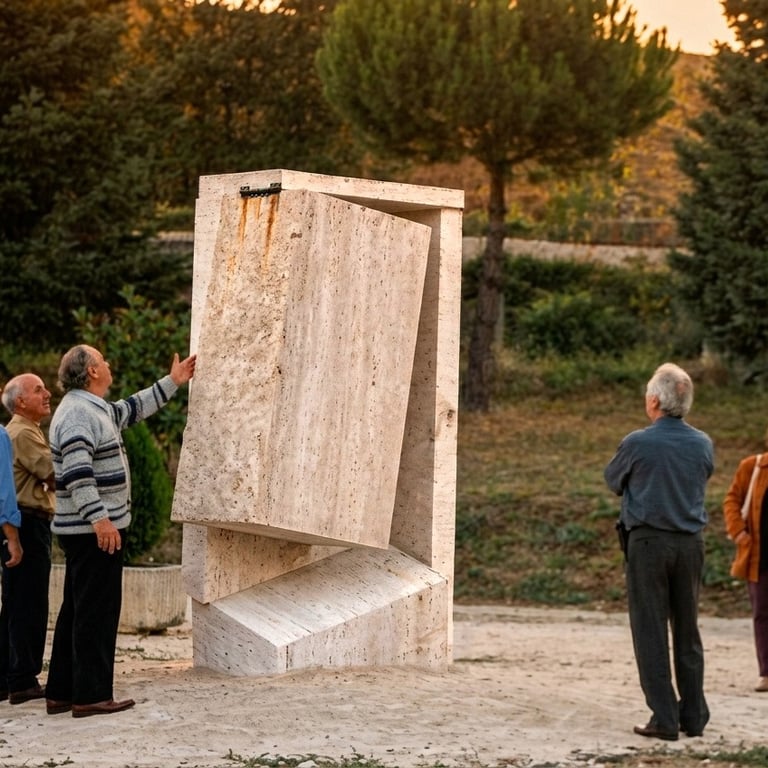 A group of people admiring a large modern stone sculpture in an outdoor park setting.