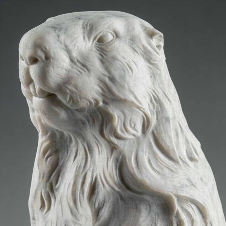 A detailed white marble sculpture of a groundhog or woodchuck standing upright.