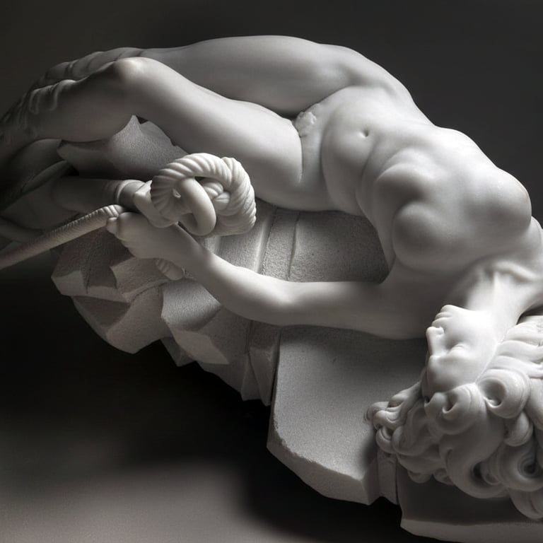 Contemporary marble sculpture of a reclining mermaid caught with an anchor rope