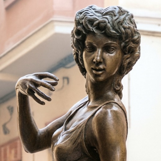 Bronze statue of a female dancer with curly hair and hand raised in a graceful pose.