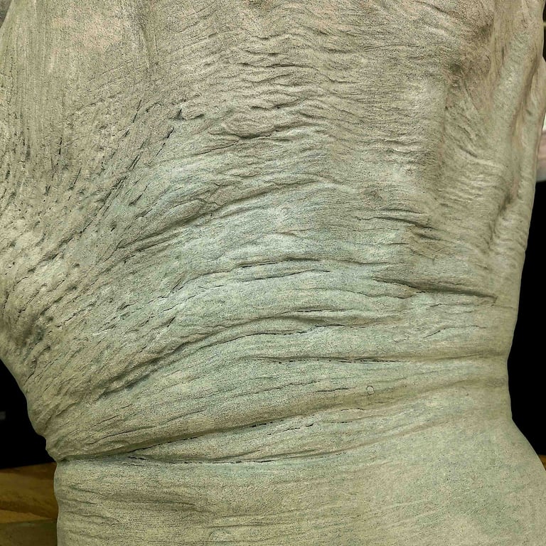 Close-up detail of a textured grey concrete sculpture showing deep horizontal ridges and stone skin texture.