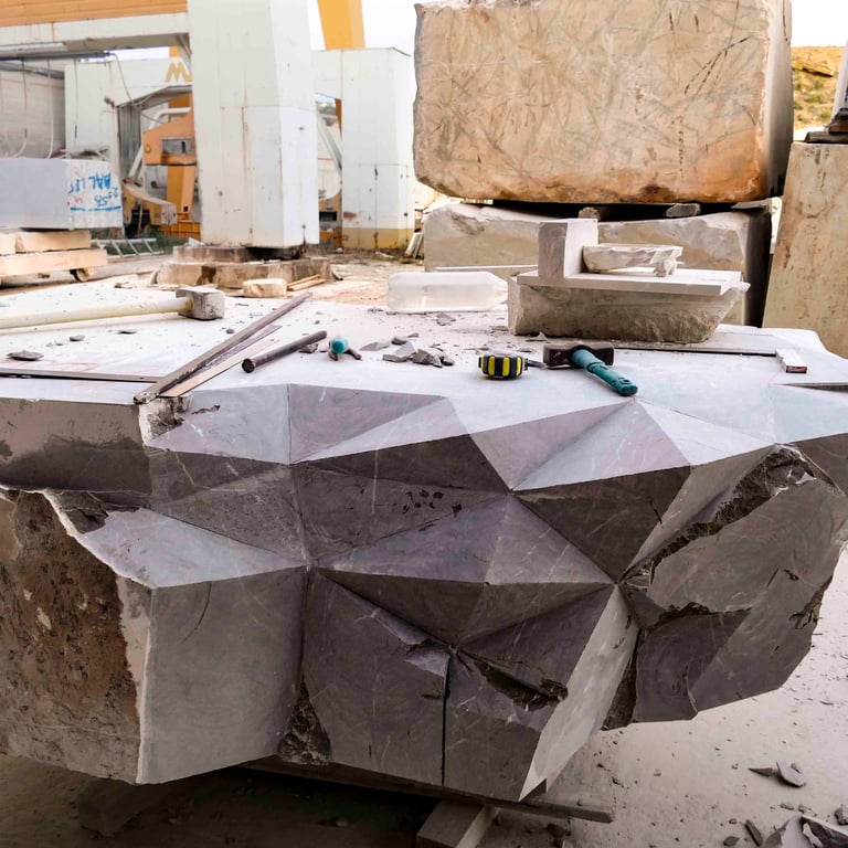 A large gray geometric stone sculpture being carved with hand tools in an industrial marble masonry workshop.