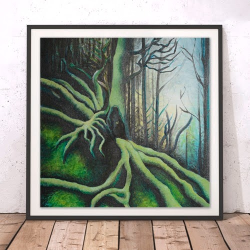 framed painting of a tree with long roots covered in moss
