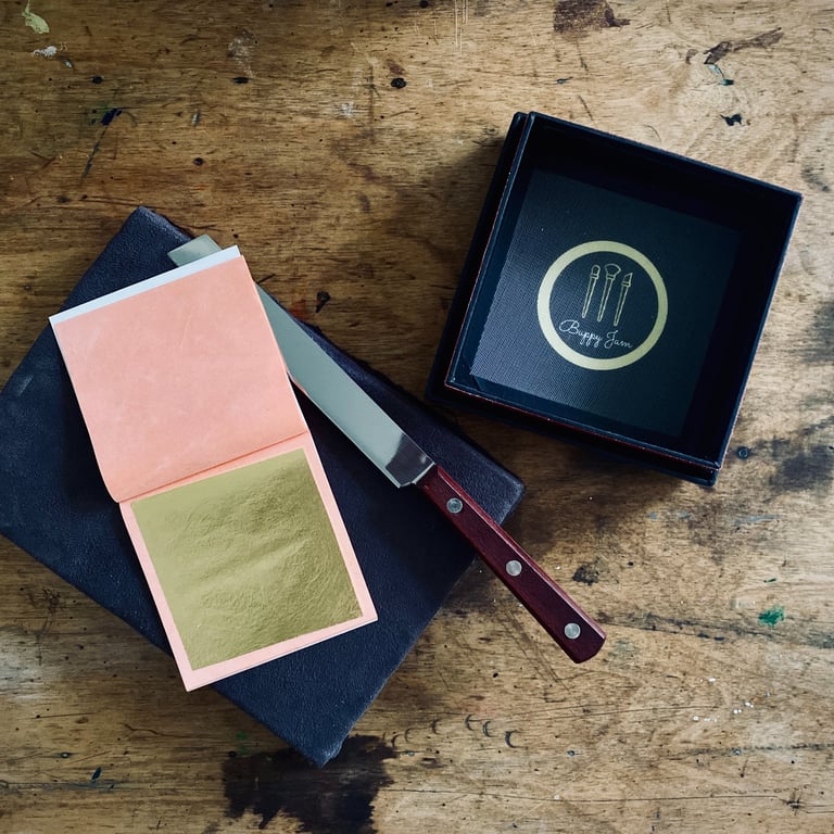 gold leaf, gilding knife and gilders tip, gold leaf sign writing tools